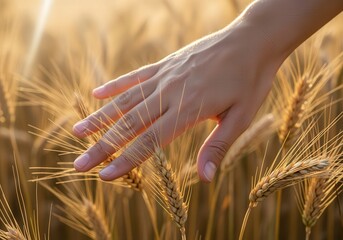 Hand touching golden wheat in sunlit field during harvest