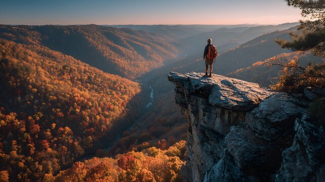 A hiker with a backpack standing at the edge of a cliff overlooking a valley filled with autumn foliage - Powered by Adobe