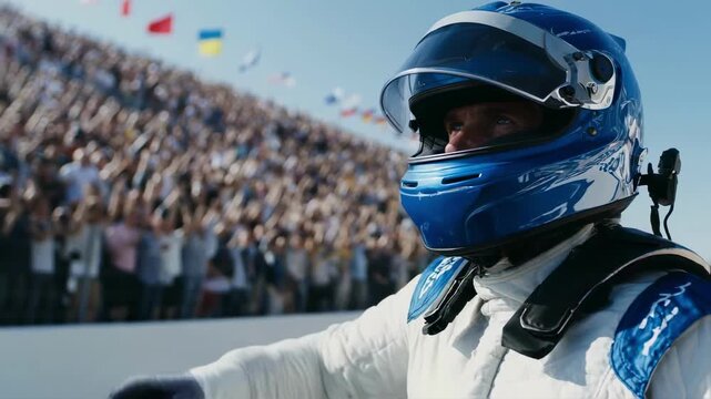 A race car driver in a helmet celebrates victory by waving to a cheering crowd at the stadium, symbolizing success, championship, and the thrill of winning in motorsport