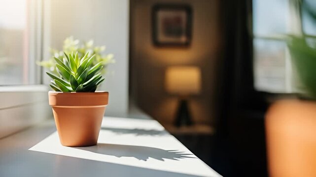Succulent in a terra cotta pot sits on a windowsill bathing in sunlight