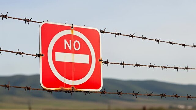 No" sign on a barbed wire fence, blurred background, restriction and warning