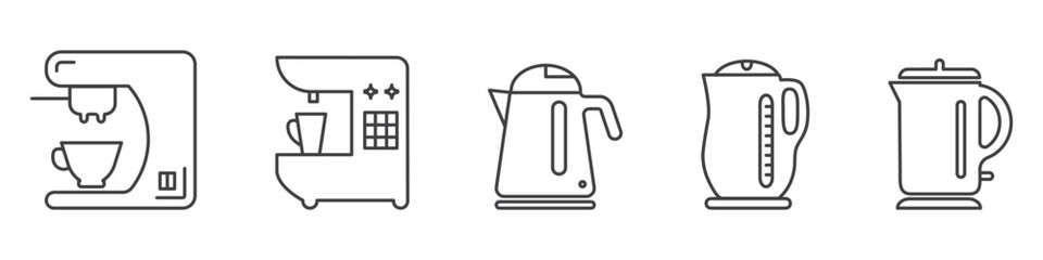 Kitchen appliances line icons set with 2 variants of coffee machine and 3 variants of electric kettle. Thin minimal outline style, editable stroke, perfect for cooking, café, and home kitchen themes