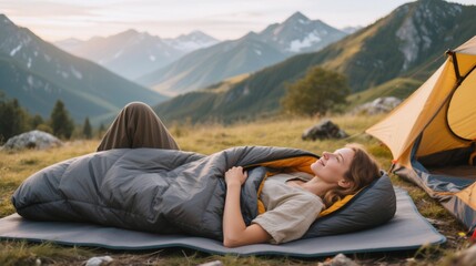 Fototapeta premium Woman with eyes closed relaxes in a sleeping bag while camping in mountains. Concept of solo adventure, freedom, mindfulness, nature travel, and slow living.