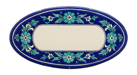 Antique blue pottery ceramic nameplate with traditional Multani hand-painted floral pattern isolated on transparent background for South Asian decoration.