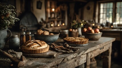 Obraz premium Rustic farmhouse kitchen counter with freshly baked bread, pies, and seasonal fruit. Thanksgiving preparation