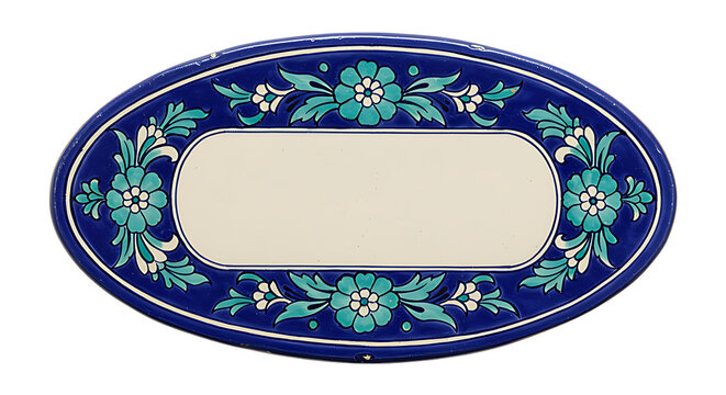 Antique blue pottery ceramic nameplate with traditional Multani hand-painted floral pattern isolated on transparent background for South Asian decoration.