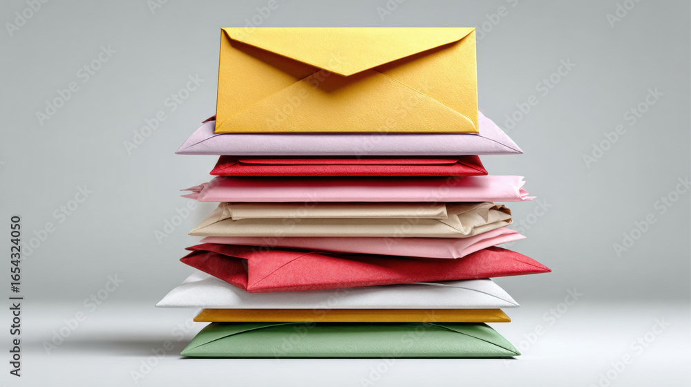 Poster colorful stack of envelopes arranged neatly on smooth surface with soft lighting creating calm and o
