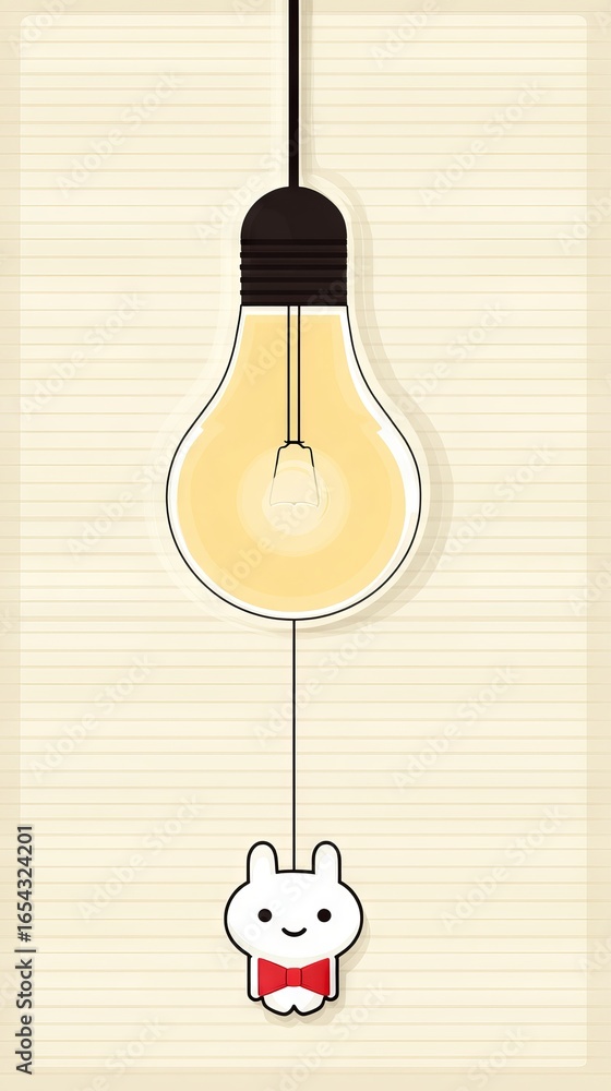 Aufkleber cute cartoon illustration of a light bulb with a smiling rabbit character hanging from a string, cre