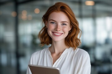 Smiling young woman with red hair holding tablet in office