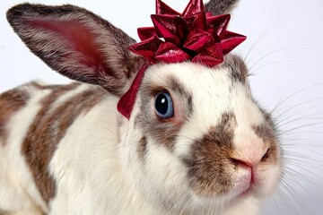 Obraz premium Adorable rabbit with a festive red bow on its head, showcasing a playful expression against a bright background, perfect for holiday-themed imagery and celebrations