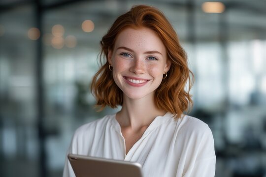 Smiling young woman with red hair holding tablet in office