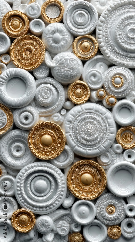 Poster decorative circular elements in white and gold arranged artistically, showcasing intricate designs a