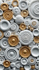 Obraz premium Decorative circular elements in white and gold arranged artistically, showcasing intricate designs and textures, ideal for backgrounds or design projects with copy space