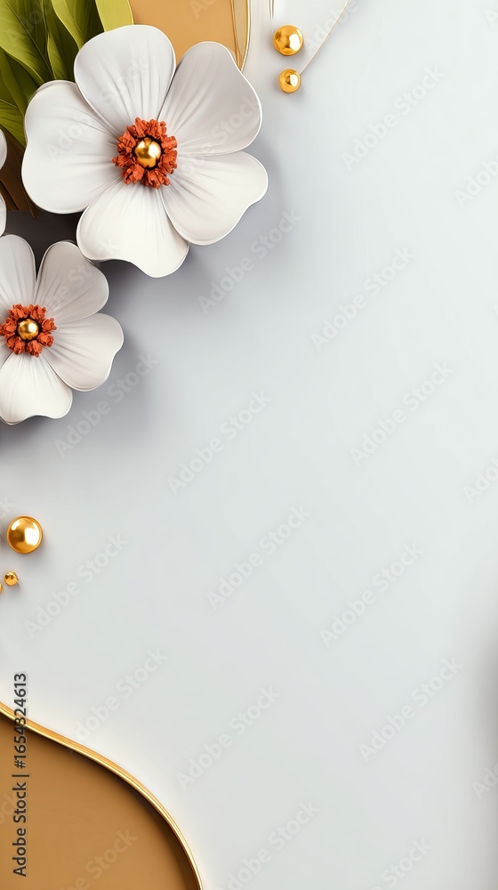 Poster elegant floral arrangement featuring white paper flowers and golden beads on a smooth background, cr