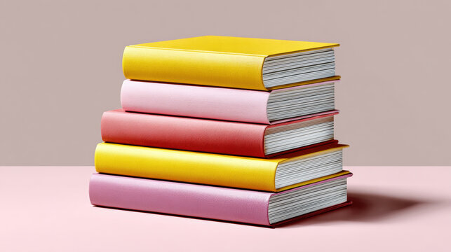 Colorful stack of five hardcover books with yellow, pink, and red covers on pink surface, creating neat and organized look