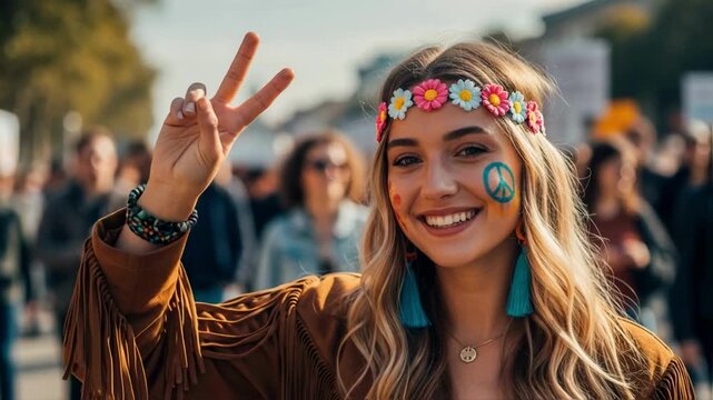 A beautiful young woman in hippie attire with a flower crown smiling and showing a peace sign at a festival, embodying the spirit of 1970s youth culture and peace movements