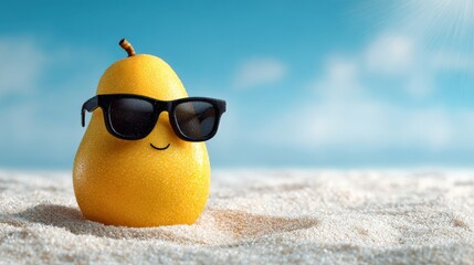 Obraz premium a yellow mango wearing black sunglasses on a beach