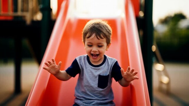 A happy little boy laughs and waves his hands while sliding down a slide at a sunny playground, embodying a joyful and carefree childhood