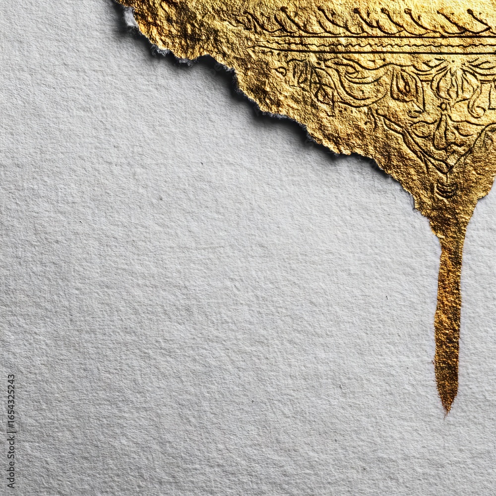 Poster intricate gold foil design with ornate patterns on textured white paper, showcasing elegance and cra
