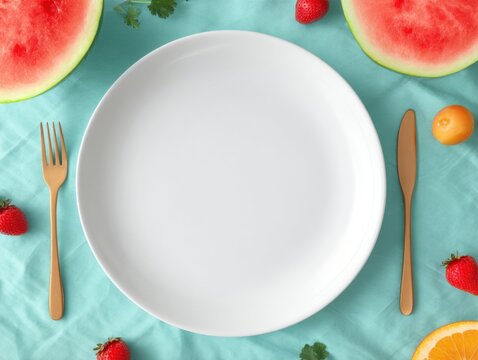 Top down view of blank white ceramic plate with summer fruits and cutlery on blue fabric - Powered by Adobe