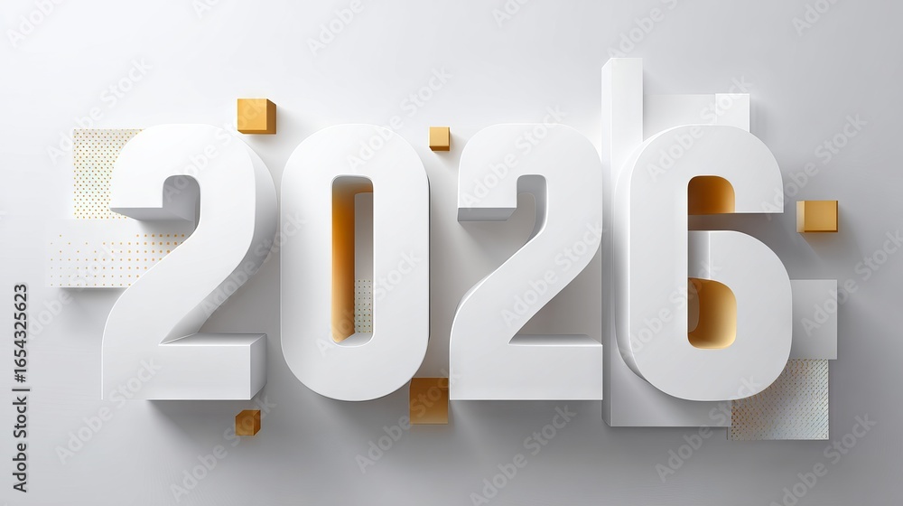 Poster 2026 bold typography design featuring three-dimensional white numbers with geometric shapes and text