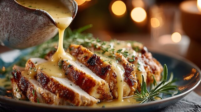 Pouring gravy over slices of turkey on a plate, close-up