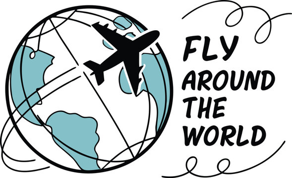 Fototapeta World business travel illustration featuring a plane flying a vector path across the globe