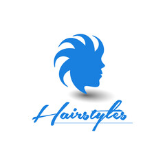 Elegant Hairstyle Salon Logo Design with Female Silhouette in Blue