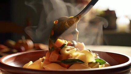 Pasta dish preparation. Steaming pumpkin sage pasta served from spoon. Comfort food, seasonal recipe, cozy autumn dinner. For culinary arts, food blogging, gastronomy.
