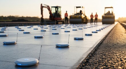Obraz premium Wide shot of multiple Internetconnected concretecuring sensors arranged evenly on a roadwork project to ensure uniform hardening.