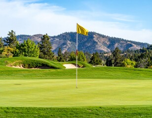 Obraz premium Beautiful Green Golf Course with a Flag on the Hole and a Mountain Backdrop