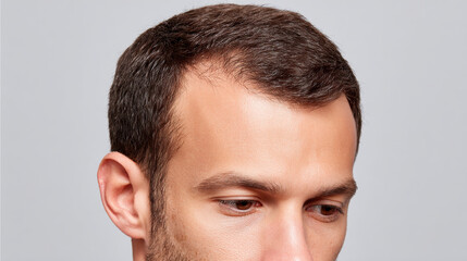 Obraz premium Man with thinning hair close up scalp showing hair loss and receding hairline on gray background