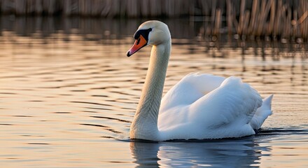 Fototapeta premium Graceful Mute Swan Low-Angle Portrait in Tranquil Evening Light