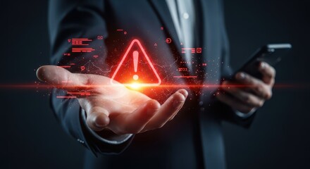 Man holding a phone and showing a digital warning sign in his palm