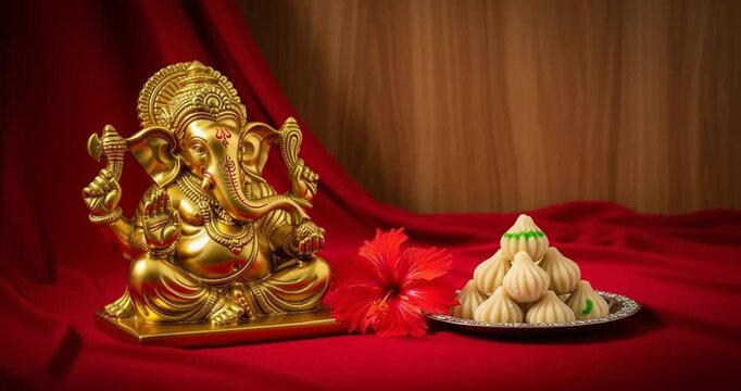 Golden Ganesha Statue and Modak Sweets on Red Fabric with Wooden Background Hindu Festival Celebration Traditional Offering