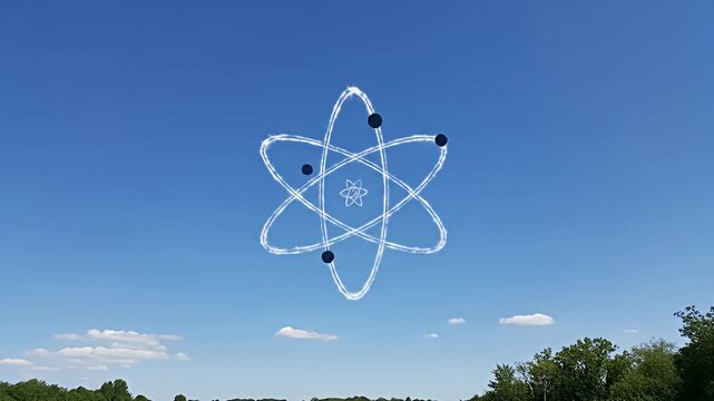 Cloud-formed atom orbits against a blue sky, trees and horizon in the background