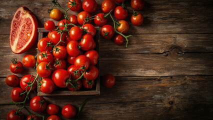 Fresh red tomatoes and a halved tomato on a wooden surface with a rustic arrangement and natural lighting