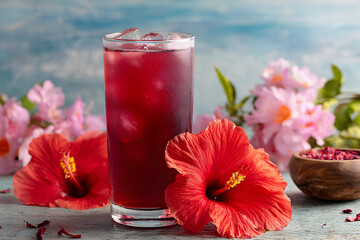 Refreshing Hibiscus Iced Tea with Vibrant Flowers on Rustic Blue Wood Background