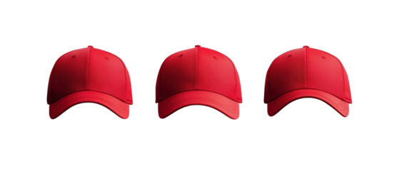 Three Pixelated Red Baseball Caps Isolated on Transparent Background with Angled View