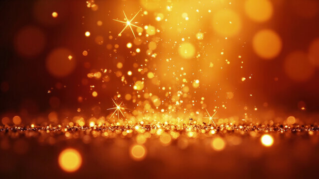 Golden glitter particles and bokeh effect with starburst sparkles against a warm orange background creating a festive atmosphere