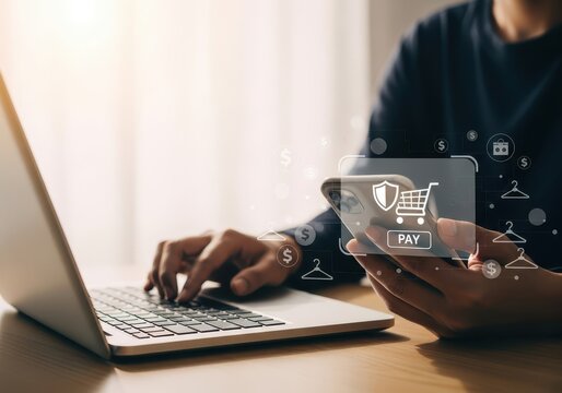 Person using laptop and mobile phone for online shopping payment