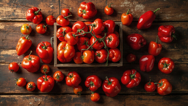 Overhead view of assorted red tomatoes and bell peppers arranged on a rustic wooden surface with a wooden crate
