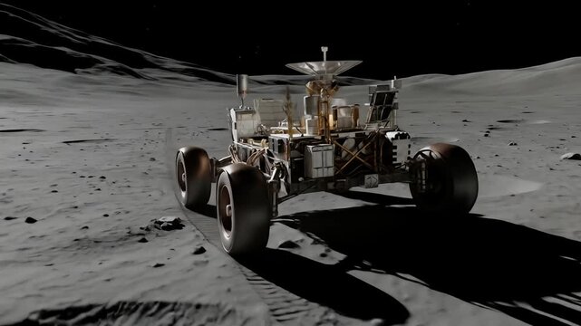 Lunar rover on the moon surface, earth in distance, dark sky, craters and rocks