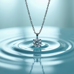 Minimalist design featuring glowing diamond necklace with radiant pendant on stratified steel surfaces reflecting soft cyan hues. Diamond brilliance captured with realistic detail against clean white