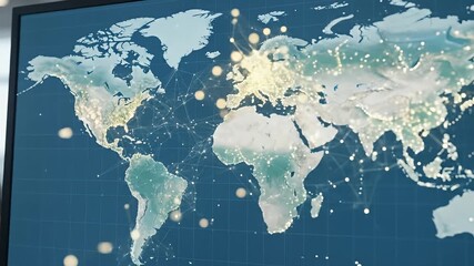 Monitor shows world map with glowing connections between cities and continents - Powered by Adobe