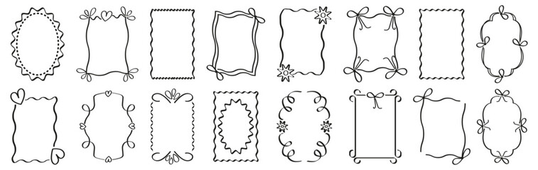 Decorative frame collection. Linear doodle borders with hearts, flowers, and bows for text or photo decoration