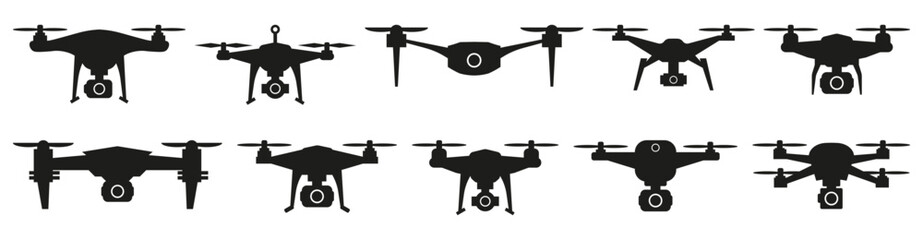 Drone icon collection. Black silhouettes of drones with cameras in different forms and models for technical design
