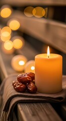Lit candle with dates and bokeh lights