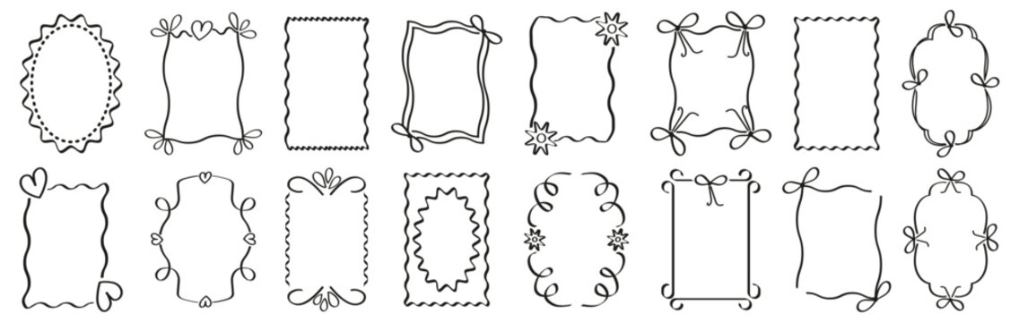 Decorative frame collection. Linear doodle borders with hearts, flowers, and bows for text or photo decoration