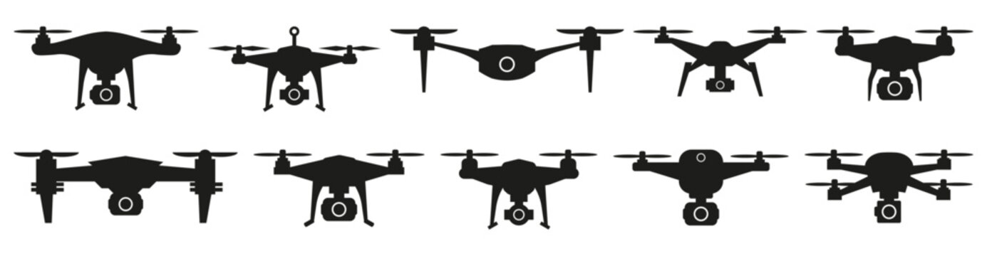 Drone icon collection. Black silhouettes of drones with cameras in different forms and models for technical design